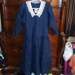 Vtg 80s Denim Tiered Teacher Dress sz 7/8